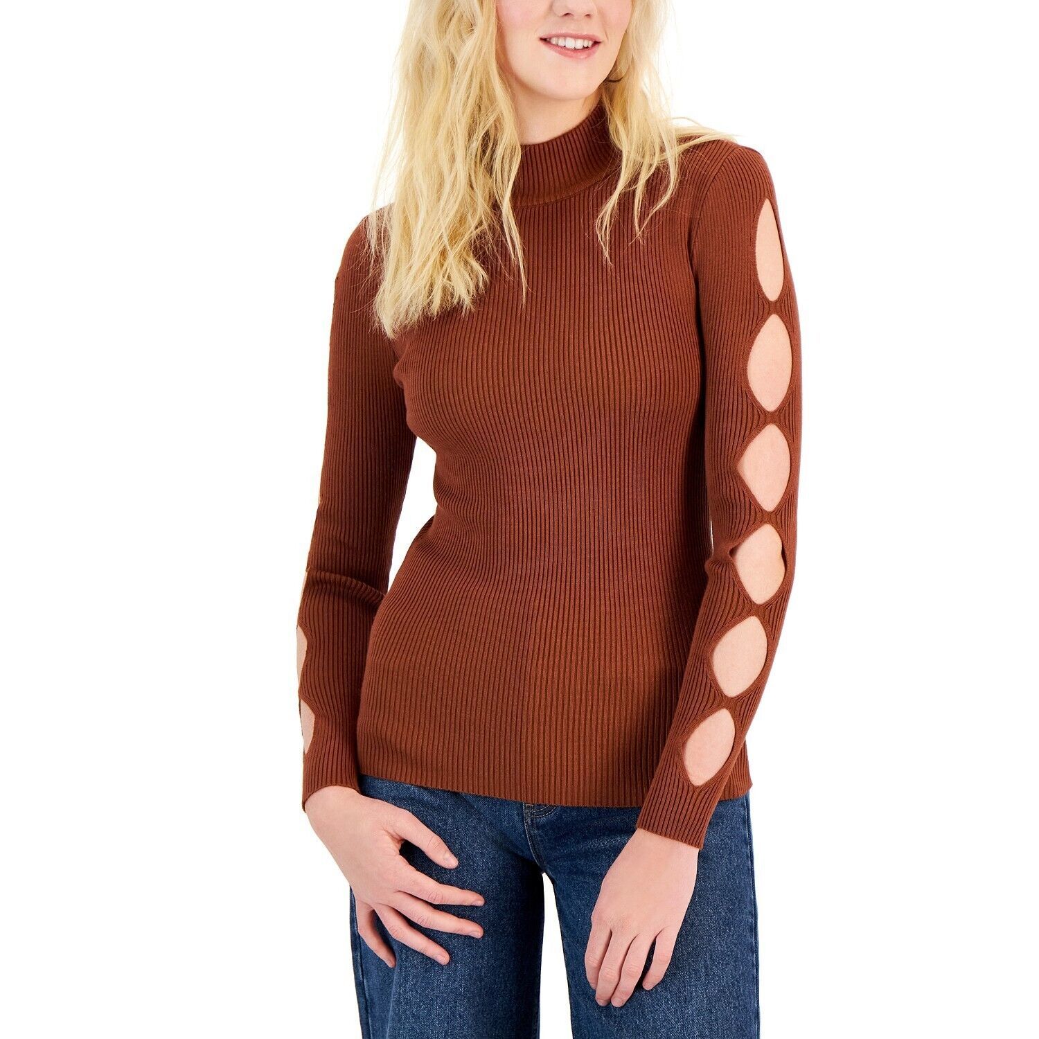 Crave Fame Juniors&#39; Cutout-Sleeve Mock-Neck Sweater Brown XS B4HP - $9.95