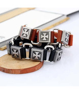 Mens Punk Leather Bracelet with Knights Templar Design - $28.73 CAD