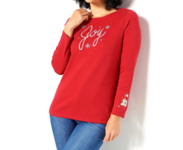 Quacker Factory Holiday Saying Long-Sleeve Top - Ruby Red / Joy, XXS - £23.28 GBP