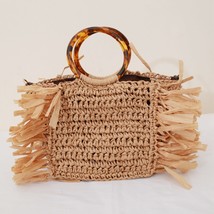 Beach Raffia Rattan Woven Handbags for Women Tassels Amber Circle Acrylic Handle - £37.46 GBP