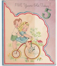 Vintage Birthday Card Boy and Girl Ride Tricycle 1940&#39;s Die-Cut - $8.90