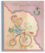 Vintage Birthday Card Boy and Girl Ride Tricycle 1940&#39;s Die-Cut - £7.09 GBP