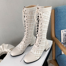 Plush Thick High-Heeled Cross-Lace Knight Boots Woven Tweed Lattice Imported Pat - £61.98 GBP