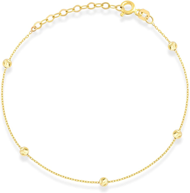 14K Real Gold Ball Bead Station Bracelet for Women, Adjustable 6