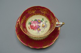Paragon Double Warrant Teacup Saucer Red Floating Rose Gold Trim England 4340/1 - £150.79 GBP