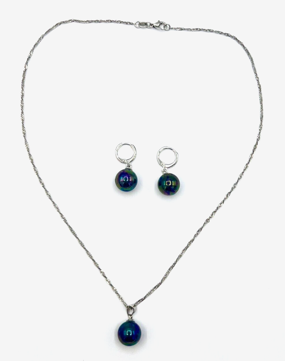 Primary image for Iridescent Ball Bead Rhodium Plated Sterling Silver Necklace Earrings Set