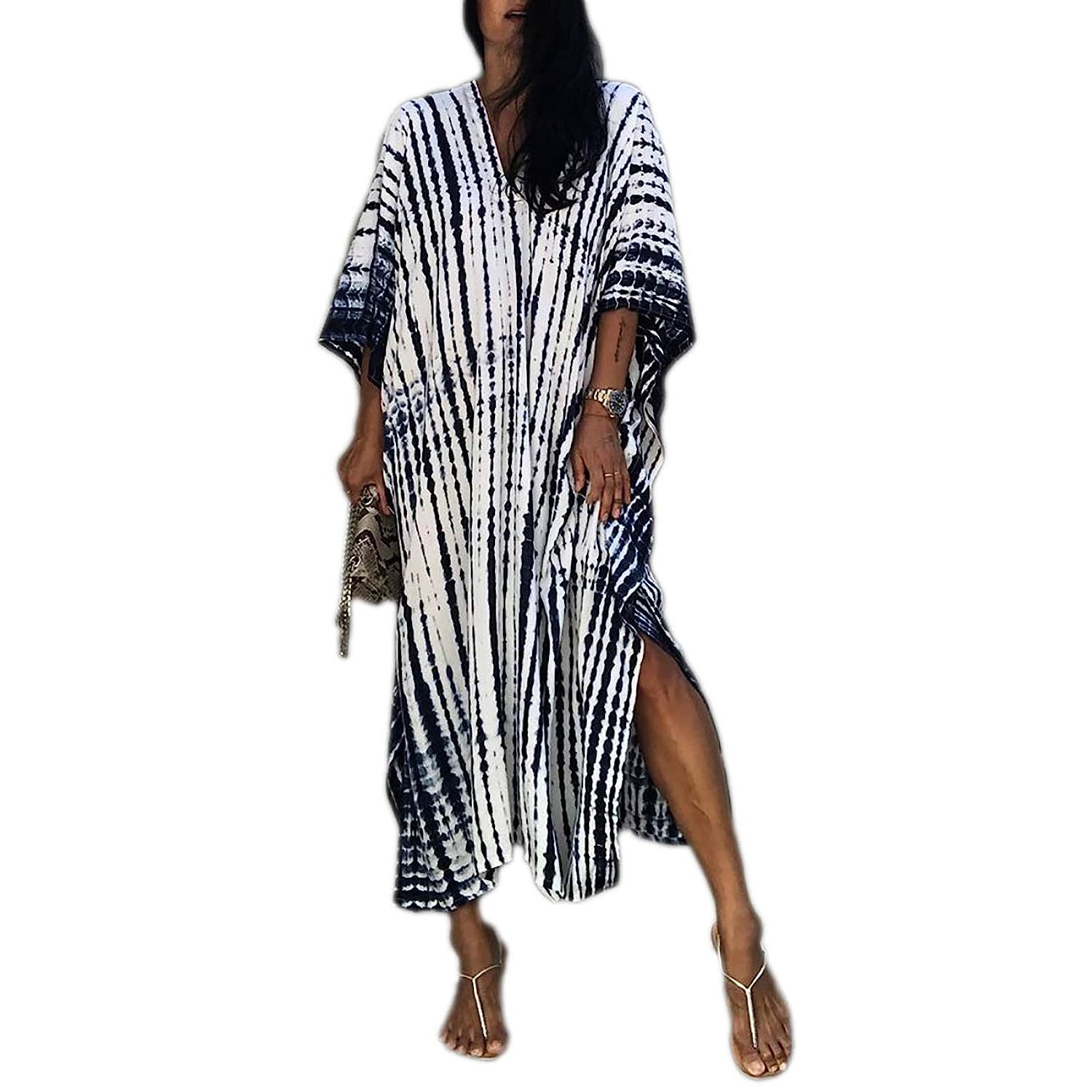 Primary image for Women Black White Beach Kaftan Dresses Half Sleeve Plus Size Bathing Suit Cover 