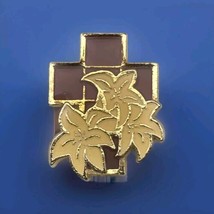 Cross Flowers Pin Brooch Gold Tone Enamel Vintage - £7.89 GBP