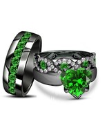 14k Black Gold Finish Green Emerald Trio Bridal Wedding His &amp; Her Ring B... - $179.59 CAD