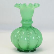 Vtg Fenton Green 1940 Overlay Beaded Melon Small Vase 4-1/2" Tall Ruffle... - $54.87