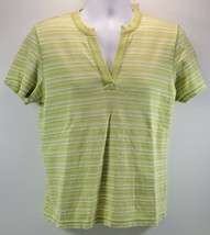 MM) St Johns Bay Stretch Striped Green Women&#39;s Split Crew Shirt Large - $9.89