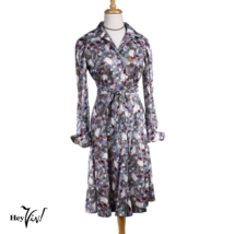 Vintage Silver Grey Floral Print Dress w Long Sleeves Tie Belt Size M - ... - $40.00