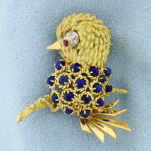 Italian Made Lapis, Ruby, and Diamond Bird Pin in 18K Yellow Gold - £850.30 GBP