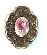 Vintage Gold Tone &amp; Pink Transferware Flower Cameo Scarf Clip - £15.98 GBP