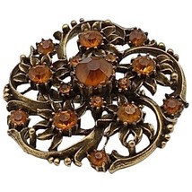 Vtg Signed CORO Brooch Antique Gold Tone Orange Topaz Rhinestones Round Pin - £12.48 GBP