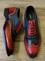 Two Tone Burgundy Black Oxford Wing Tip Broguing Premium Quality Leather Shoes - $149.99+
