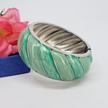 Green Enamel Silver Tone Metal Hinged Cuff Statement Bracelet - £13.54 GBP