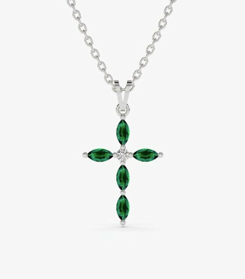 0.55CT Marquise Cut Emerald &amp; Diamond 14k White Gold Plated Silver Cross... - $29.61