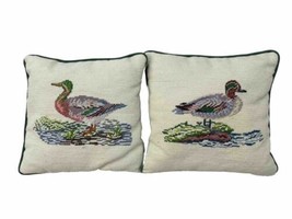 Needlepoint Hand Made Vtg Waterfowl Duck Set of Two Couch Small Pillows (2) - $78.21