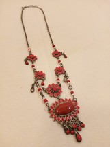 Antiqued Silver Tone Salmon Colored Enamel &amp; Beads Statement Necklace - £13.93 GBP
