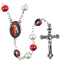 Divine Mercy Jesus &amp; St Faustina Center Rosary Red White 8mm Glass Bead Catholic - £13.43 GBP