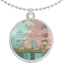 Japanese Cherry Blossoms Round Pendant Necklace Beautiful Fashion Jewelry - £8.46 GBP