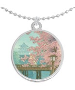 Japanese Cherry Blossoms Round Pendant Necklace Beautiful Fashion Jewelry - $22.98 CAD