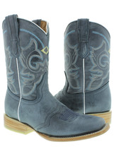 Womens Western Cowboy Boots Denim Blue Mid Calf Stitched Leather Square Toe - £64.89 GBP