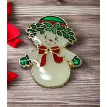 Vintage Christmas Pin Brooch Snowman Green Hat Red Bow Enamel Gold Tone - £9.41 GBP