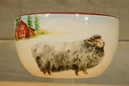 Modern China Farmcore Pub Cereal Bowl Farm Pattern Sheep &amp; Pig Maroon Trim - $19.79