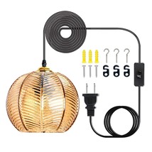 Plug In Glass Pendant Light Mid-Century Modern Striped Amber Glass Hanging Ceili - £98.71 GBP