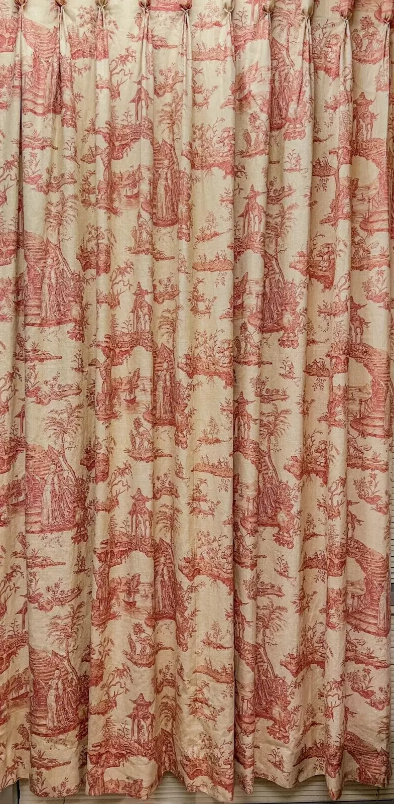 Custom Chinoiserie Toile Red Linen 2-PC 100x100 Pinch-Pleat Drapery Pane... - $2,475.00