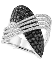 Solid 925 Pure Silver Brilliant Cut Black Onyx &amp; Vivid White CZ Crossover Ring - $653.62