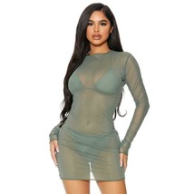 Sheer Mesh Coverup Mini Dress Long Sleeves Pullover High Neck Sage 441424 - £16.21 GBP