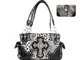 Premium Rhinestone Cross Buckle Leopard Concealed Carry Handbag with Matching Wa - £46.98 GBP