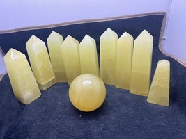 4390gm top quality yellow calcite towers 9 PCs and 1 PC Spheres Crystal points - £191.09 GBP