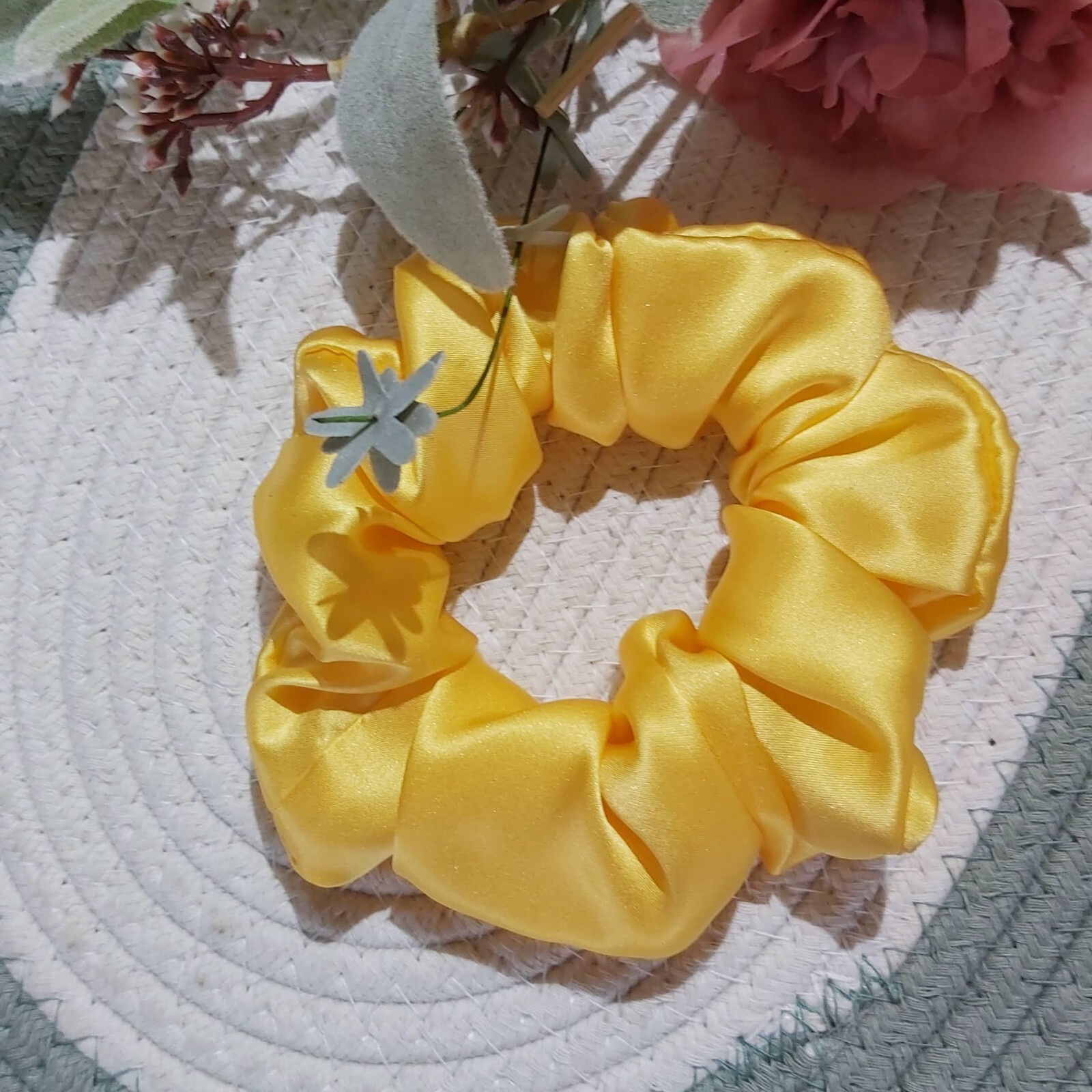 100% Handmade Mulberry Silk Scrunchie Solid Yellow Ponytail Holder for W... - £7.08 GBP