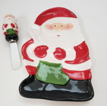 Christmas Pfaltzgraff Jolly Santa 2-pc Tidbit Tray &amp; Spreader hand painted - $9.99