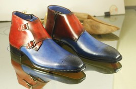 Handmade Men&#39;s Burgundy Blue Brogue Toe Double Monk Strap Boots, Men Ankle Boots - £126.54 GBP