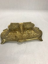 Vintage DL DEPOSE double ink well Brass Ornate lid marked 10 by 7 inch t... - $76.22