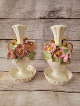 Set of 2 Vintage Antique Hand Painted Porcelain Floral Vases With Bases - £29.22 GBP
