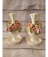 Set of 2 Vintage Antique Hand Painted Porcelain Floral Vases With Bases - £28.32 GBP