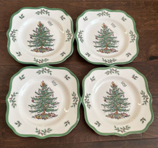Spode Christmas Tree Set Of 4 Salad Plates Green Holly Trim New - £55.05 GBP