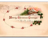 Cabin Scene Holly Wreath Hearty Christmas Greetings Embossed DB Postcard... - $2.63