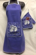 White poodle dog on blue apron, pot holder and oven mitt - $20.99
