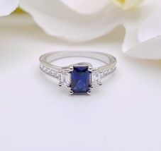 2Ct Emerald Cut Simulated Blue Sapphire Ring 925 Silver Gold Plated - £87.04 GBP