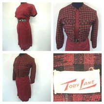Toby Lane Dress &amp; Crop Jacket size S M Vintage 1950s Red Checked Belted DS6 - $49.95