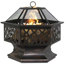 24 Inch Steel Distressed Bronze Lattice Design Fire Pit With Cover - £166.10 GBP