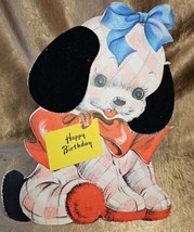 Vintage 1946 Hallmark Flocked Die Cut Stand Up Birthday Card Plaid Puppy... - $15.83