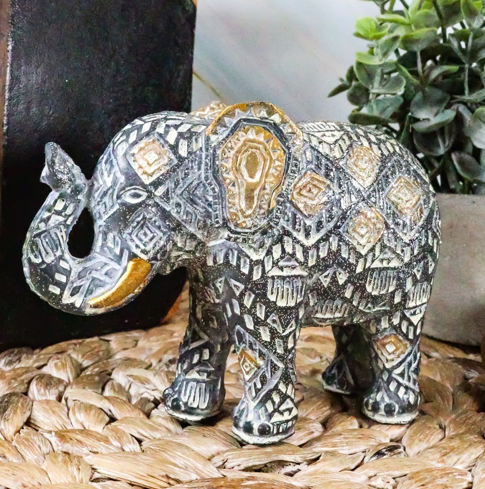 Ebros Silver Gold Patterned Elephant 5.25&quot;L Feng Shui Elephant Calf Figu... - $19.49